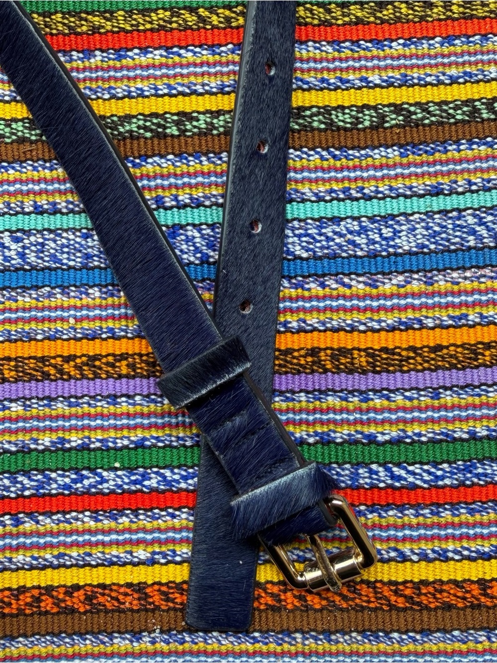 NWOT Boden Navy Calf Hair Leather Belt with Orange Lining Size M